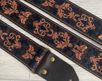 Black and gold jacquard guitar strap / Electric bass and acoustic guitar strap / Vintage guitar strap / Woven guitar strap /