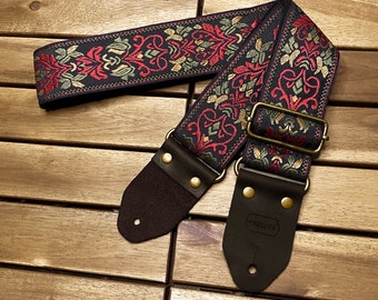 Schwarzes rotes und braunes Jacquard Gitarrenband, E-Bass und Akustik, Blumendesign vintage bestickt, Webband, verstellbar