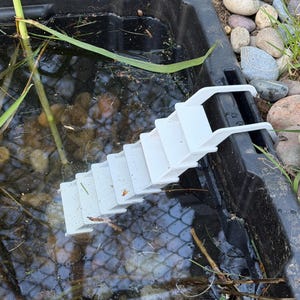 May include: A white plastic ramp with steps, designed for aquatic animals, is placed in a black pond. The pond contains water, pebbles, and aquatic plants. The scene is outdoors, with rocks and grass visible.