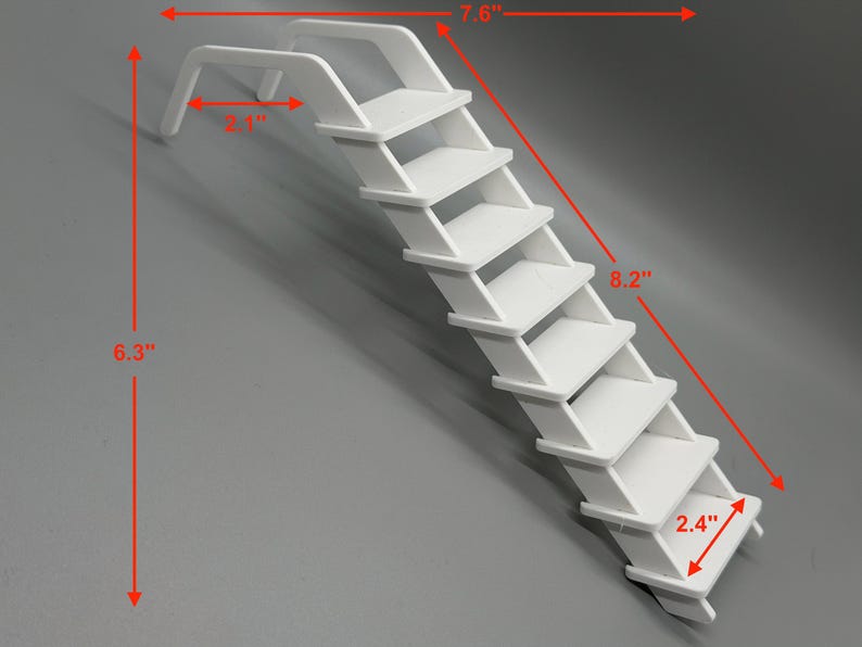 May include: A white, miniature staircase with seven steps. The overall dimensions are 6.3 inches in height, 7.6 inches in width, and 8.2 inches in length. Each step is 2.4 inches wide. The top section extends 2.1 inches.