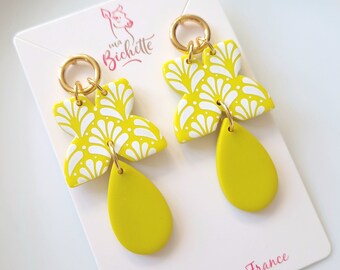 NEW Handmade earrings in France, "Pi-Seua" model yellow-lime green - Original creation by Sunisa, Franco-Thai artist