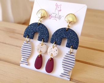 NEW Boucles d'oreilles, fait main en France, modèle "Talae | Pla" bleu nuit et bordeaux - Création originale by Sunisa, artiste franco-thaïe