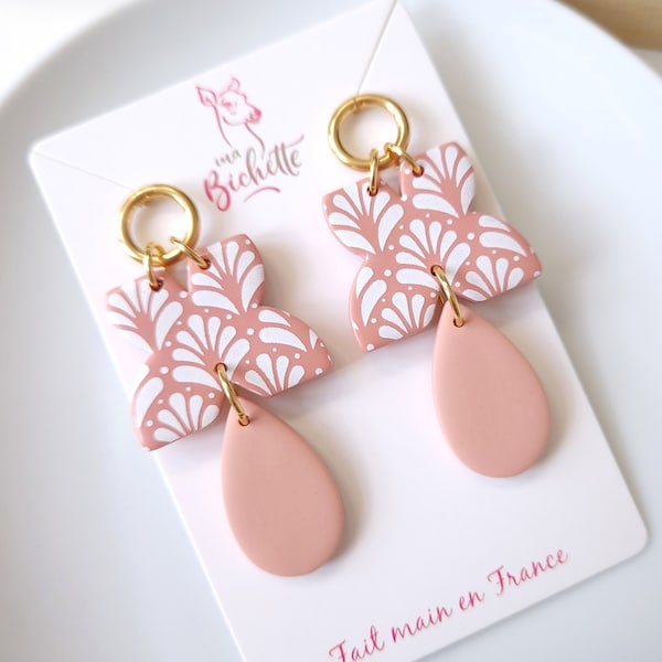 NEW Boucles d'oreilles fait main en France, modèle "Pi-Seua" rose - Création originale by Sunisa, artiste franco-thaïe