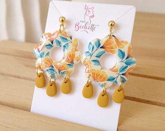 Boucles d'oreilles, fait main en France, modèle "Dok Maï Si Luang #3", attaches dorées à l'or fin 24k