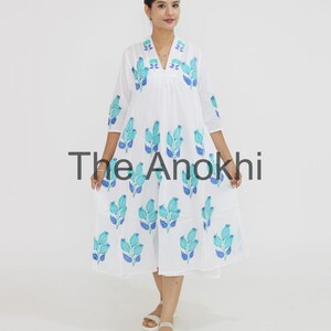 New Pertain Mughal Dress, Pure Cotton, Hand Block Printed, Bohemian, Casual Occasional, Holiday, Summer, Blue Handcrafted, Ethical Fashion