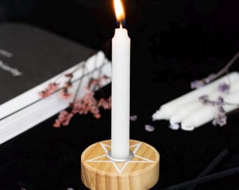 Pentagram Wooden Spell Candle Holder: Witchcore Altar Decor
