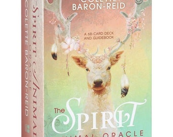 May include: The Spirit Animal Oracle deck box features a white deer with antlers adorned with flowers and feathers. The box is green and pink with the title "The Spirit Animal Oracle" and the author's name "Colette Baron-Reid".