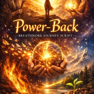 May include: A digital art image titled "Power-Back: Breathwork Journey Script." It depicts figures with glowing orbs, a woman with outstretched arms, and a radiant sphere held in hands. The background includes mountains and a river, with a celestial theme.