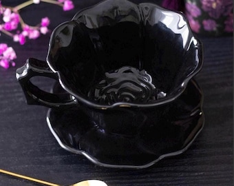 Black Ceramic Rose Tea Cup and Saucer, Gothic Decor