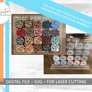 May include: A digital file for laser cutting, featuring a variety of designs for "Dog Mom" magnets. The designs are shown in a variety of colors, including red, blue, green, brown, and pink. The file is for digital download only, and the magnets are not included.