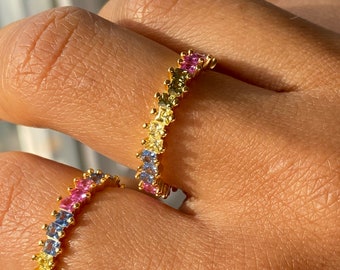 Colorful gold eternity band,luxury promise ring, sparkling stacking ring,rainbow cubic zircons, colorful eternity ring for a special someone