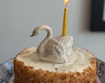Handmade ceramic swan cake toppers, birthday candle holder, wedding, candle holder, gold