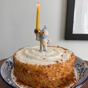 Handmade ceramic clown cake toppers, birthday candle holder, circus, gold