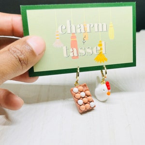 Chicken and egg, egg carton, mismatched, fun, dangle , huggie hoop Earrings by Charm&Tassel