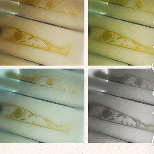 Puede incluir: Cuatro imágenes de primer plano de un diseño de pez de metal dorado. El pez está detallado con un patrón de líneas y círculos. Las imágenes se toman desde diferentes ángulos y muestran el pez en diversas condiciones de iluminación.