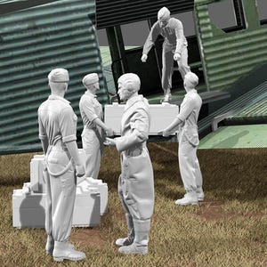 以下が含まれることがあります： グレー スケール 3D レンダリングは、波状の金属構造の近くで大きな箱を扱う制服姿の人物を描いています。 このシーンは、輸送またはロジスティクスに関連する可能性のある、積み込みまたは荷降ろしの操作を示唆しています。