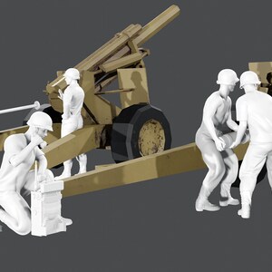 May include: A group of five figures in white are working on a large, tan, military cannon. The cannon has a long barrel and two wheels. The figures are wearing helmets and are in various poses, some are pushing the cannon, others are holding tools.