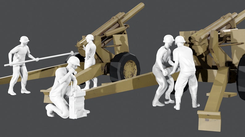 May include: A group of five figures in white are working on a large, tan, military cannon. The cannon has a long barrel and two wheels. The figures are wearing helmets and are in various poses, some are pushing the cannon, others are holding tools.