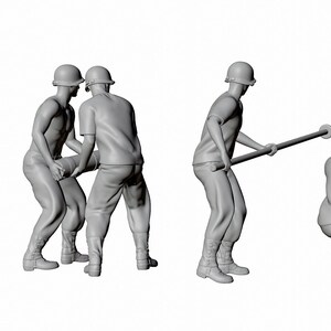 May include: A set of five gray plastic figures depicting soldiers in various poses. The figures are wearing helmets and military uniforms. One soldier is holding a long stick, another is holding a large object, and two soldiers are carrying a large object together. The fifth soldier is kneeling and holding a small object.
