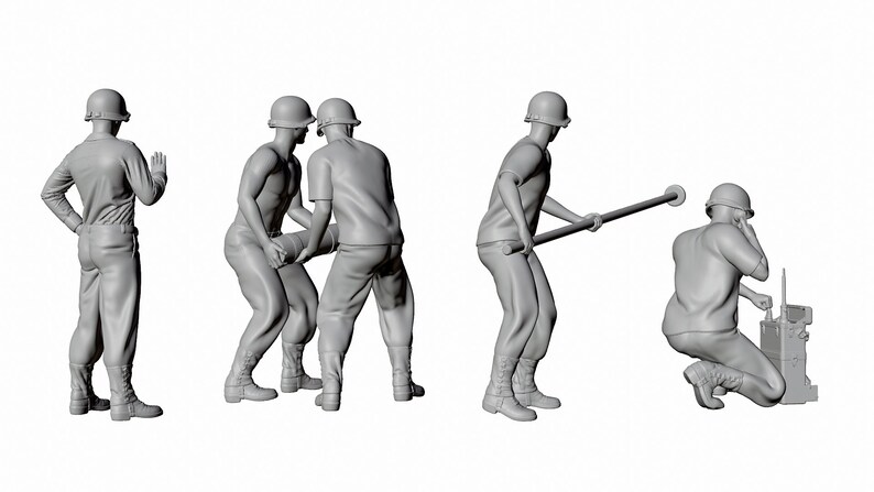 May include: A set of five gray plastic figures depicting soldiers in various poses. The figures are wearing helmets and military uniforms. One soldier is holding a long stick, another is holding a large object, and two soldiers are carrying a large object together. The fifth soldier is kneeling and holding a small object.