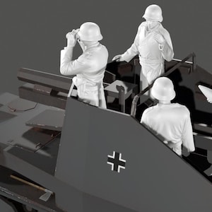 May include: A gray model of a military vehicle with four figures in white uniforms. One figure is looking through binoculars, while another holds a document. A black cross symbol is on the side of the vehicle.
