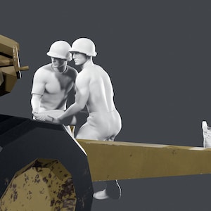 May include: Three figures wearing white military uniforms and helmets are working on a large, tan, military vehicle. The vehicle has a large tire and a long, flat, tan metal bar.