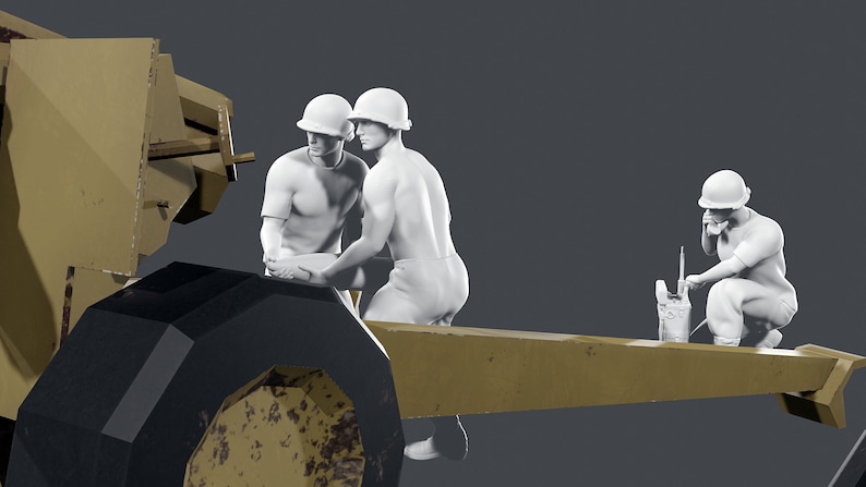 May include: Three figures wearing white military uniforms and helmets are working on a large, tan, military vehicle. The vehicle has a large tire and a long, flat, tan metal bar.