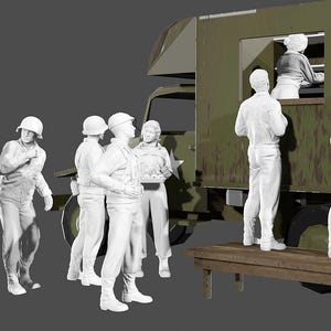 May include: A group of white painted figurines of soldiers standing near a military truck. The truck is green and has a wooden bench in front of it.