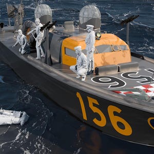 Puede incluir: Un modelo a escala de una lancha patrullera naval gris con el número 156 en amarillo en el casco y la cubierta. El barco presenta un patrón de cuadros rojos y blancos en la proa, una cabina amarilla y varias figuras blancas en cubierta y en una balsa.