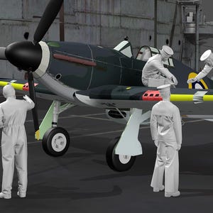 Puede incluir: Un avión militar verde oscuro y amarillo con una hélice negra y ruedas blancas. Varias personas con uniformes blancos trabajan en el avión. El avión está estacionado sobre una superficie gris.