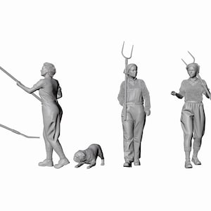 May include: Five figures of people in a farm setting, wearing overalls and holding pitchforks. One figure is holding a rake. A small dog is lying on the ground.