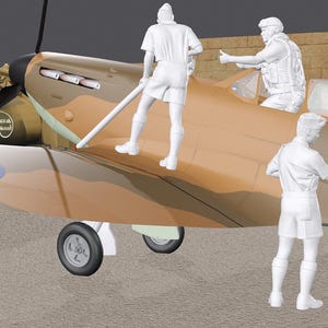 May include: A model of a World War II-era airplane, painted in camouflage colors, with several white figures interacting with it. The plane has a propeller and a roundel on the wing. A military vehicle is in the background.