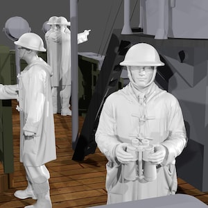 Puede incluir: Imagen en escala de grises que representa varias figuras con uniformes militares y cascos en la cubierta de un barco. Una figura sostiene unos prismáticos, mientras que otras parecen estar involucradas en diversas actividades. La escena sugiere un tema histórico o militar.