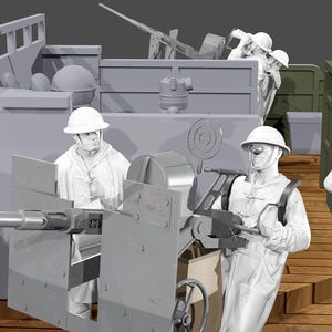 May include: A grey model of a military vessel with several figures in white uniforms and helmets. One figure is looking through binoculars, while others are operating weapons. The scene depicts a historical or war-themed setting.