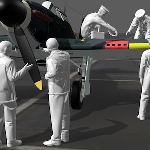 Puede incluir: Escena de aviación con un avión verde oscuro y negro con una gran hélice. Varias figuras con uniformes blancos están situadas alrededor del avión, posiblemente realizando tareas de mantenimiento o inspección. El avión tiene detalles en amarillo y rojo.