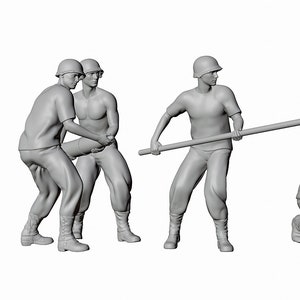 May include: Five gray plastic figures of soldiers in various poses. One soldier is holding a long pole, another is holding a smaller pole, and two soldiers are carrying a large object. The last soldier is kneeling and holding a radio.