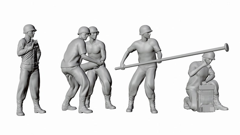 May include: Five gray plastic figures of soldiers in various poses. One soldier is holding a long pole, another is holding a smaller pole, and two soldiers are carrying a large object. The last soldier is kneeling and holding a radio.