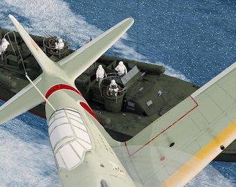 May include: A scale model of a light-colored aircraft with a red circular emblem on the wing, positioned in flight above a dark green military landing craft. The boat features multiple crew figures in white uniforms and a small American flag at the stern.