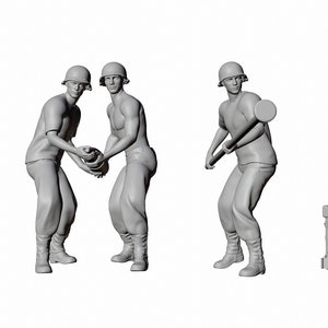 May include: Five gray plastic figures of soldiers in various poses. One soldier is holding a grenade, another is holding a weapon, another is holding a radio, and two are standing together.