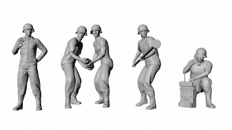 May include: Five gray plastic figures of soldiers in various poses. One soldier is holding a grenade, another is holding a weapon, another is holding a radio, and two are standing together.