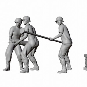 May include: Five gray plastic figures of soldiers in various poses. One soldier is holding up a hand in a stop gesture. Two soldiers are carrying a long pole. One soldier is kneeling and holding a radio. The figures are on a white background.