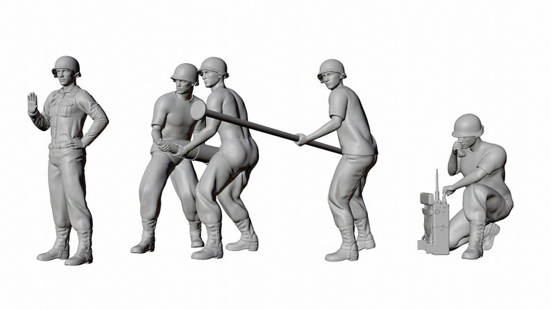 May include: Five gray plastic figures of soldiers in various poses. One soldier is holding up a hand in a stop gesture. Two soldiers are carrying a long pole. One soldier is kneeling and holding a radio. The figures are on a white background.