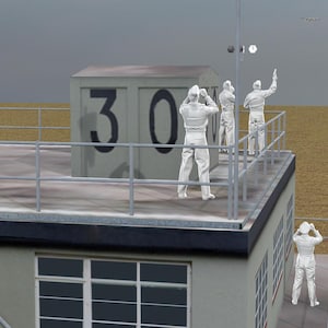 May include: An illustration of a building rooftop with figures in white suits observing aircraft. The building has a large "30" on its side. Several figures are on the roof, some looking through binoculars, others waving. Aircraft are visible in the sky.