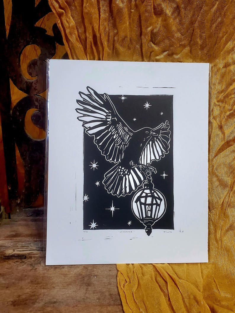 Crow With Lantern Linocut Print: "unleashed". Limited Edition ...