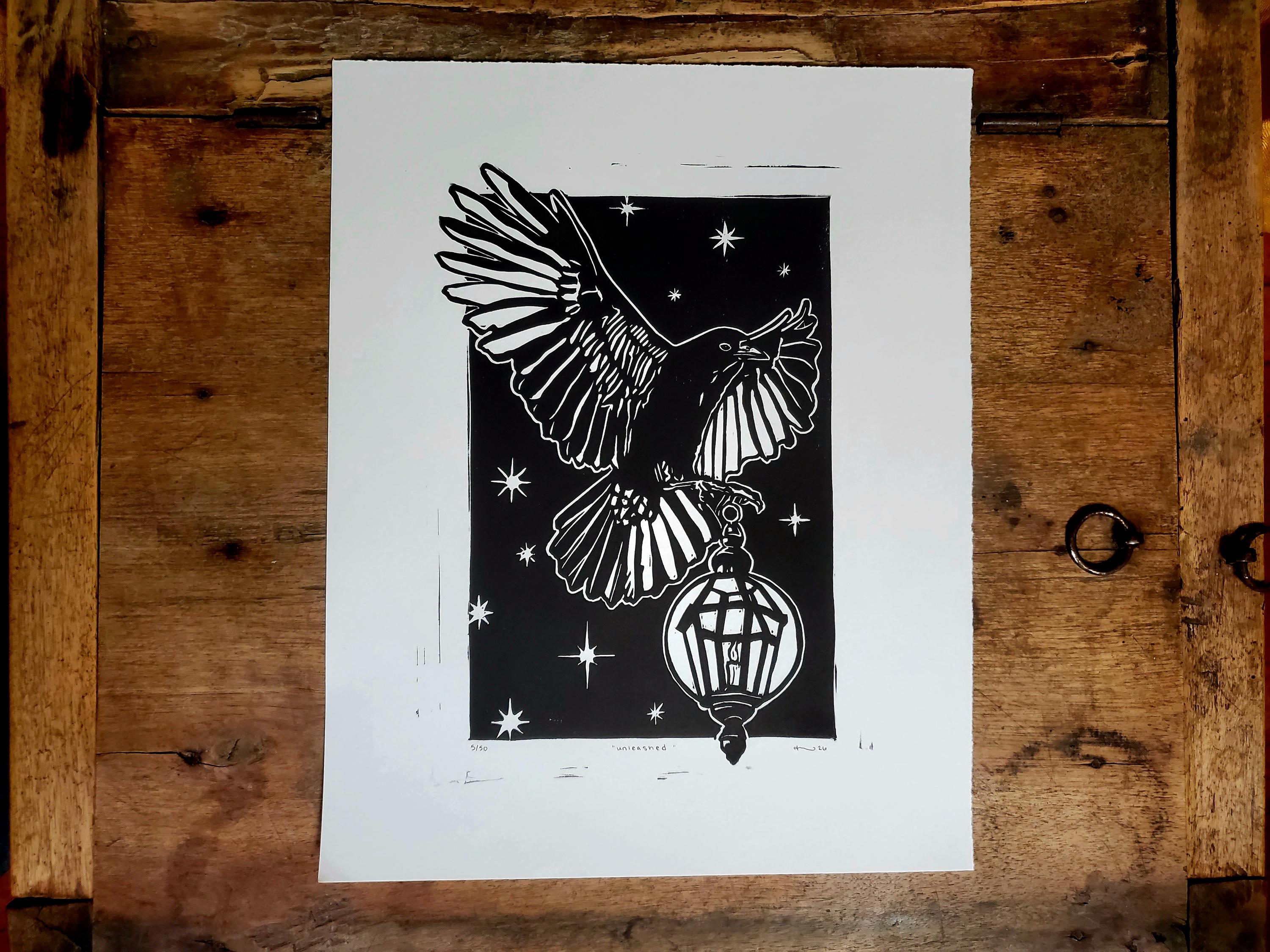 Crow With Lantern Linocut Print: "unleashed". Limited Edition ...