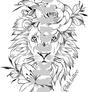 Feminine and floral design for chik tattoo tattoo. Instant download of stencil tattoo lion design