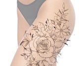 Dessin féminin et fleuri pour tatouage de chik tattoo. Téléchargement instantané de stencil tattoo design Fleur cuisse