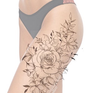Feminine and floral design for chik tattoo tattoo. Flower thigh tattoo design stencil instant download