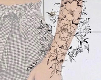 Dessin féminin et fleuri pour tatouage de chik tattoo. Téléchargement instantané de stencil  tattoo design rose bras