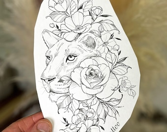 Dessin féminin et fleuri pour tatouage de chik tattoo. Téléchargement instantané de stencil tattoo design